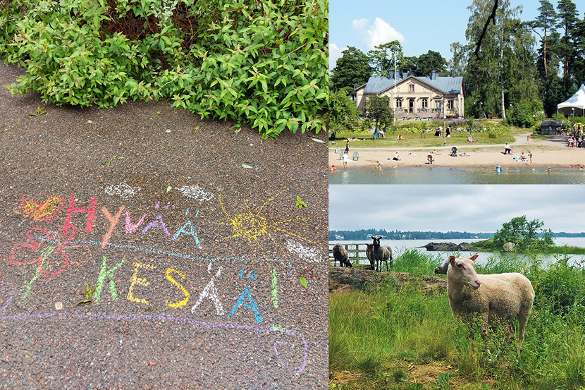 Koosteessa lampaita, Mustasaaren päärakennus sekä asfaltille värikkäillä liiduilla kirjoitettu teksti hyvää...