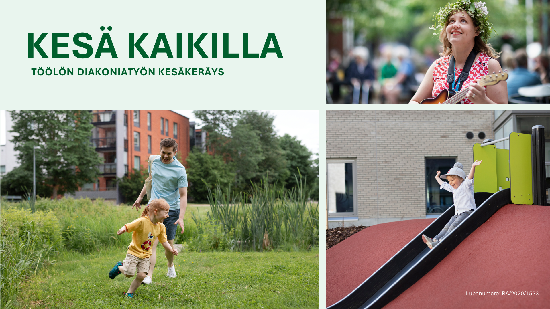 Kollaasissa mies ja lapsi leikkivät hippaa, lapsi laskee liukumäkeä ja hymyilevä nainen pitelee ukulelea kä...
