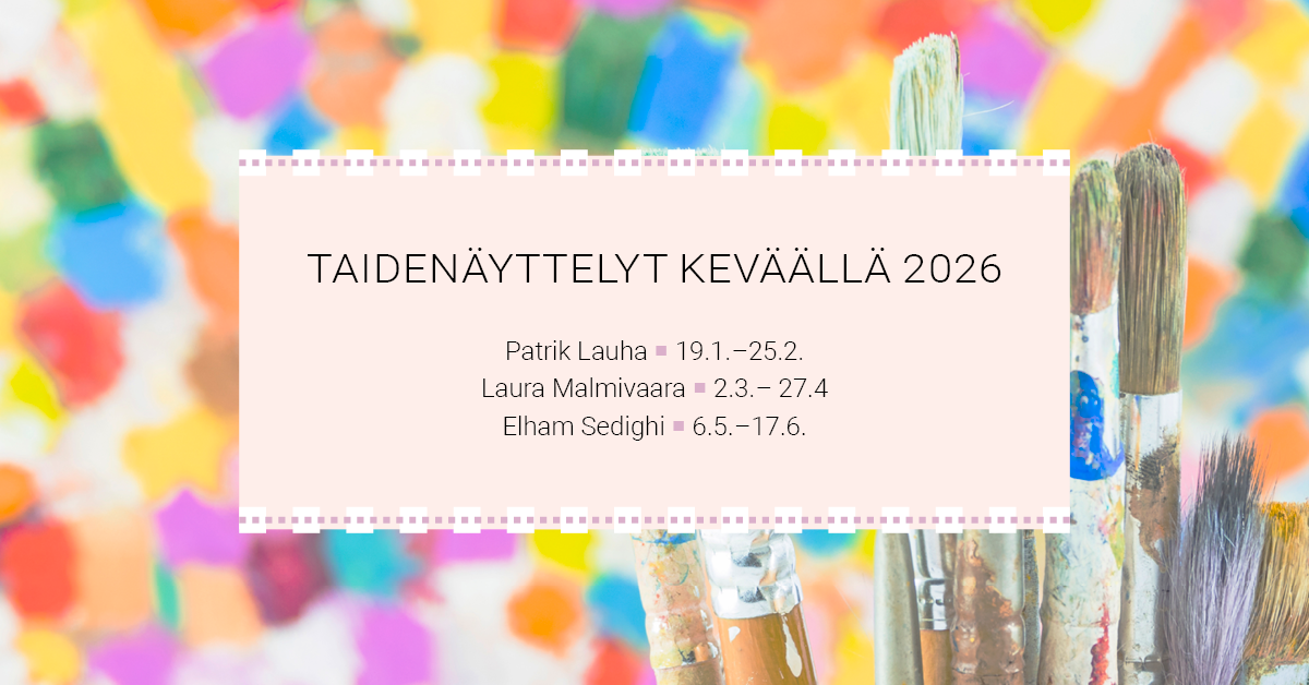 Värikäs tausta ja siveltimiä sekä teksti Taidenäyttelyt keväällä 2026.