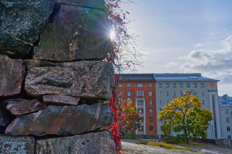 Aurinko pilkistää Temppeliaukion kirkon ulkomuurin takaa. Taustalla värikkäitä kerrostaloja ja puita ruskan...