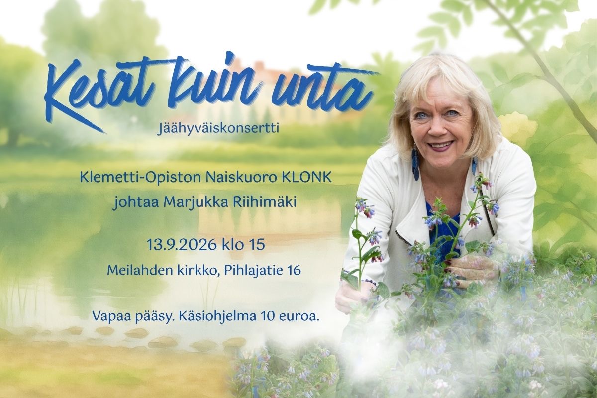 Kuoronjohtaja Marjukka Riihimäki kesäisessä maisemassa kuvattuna.