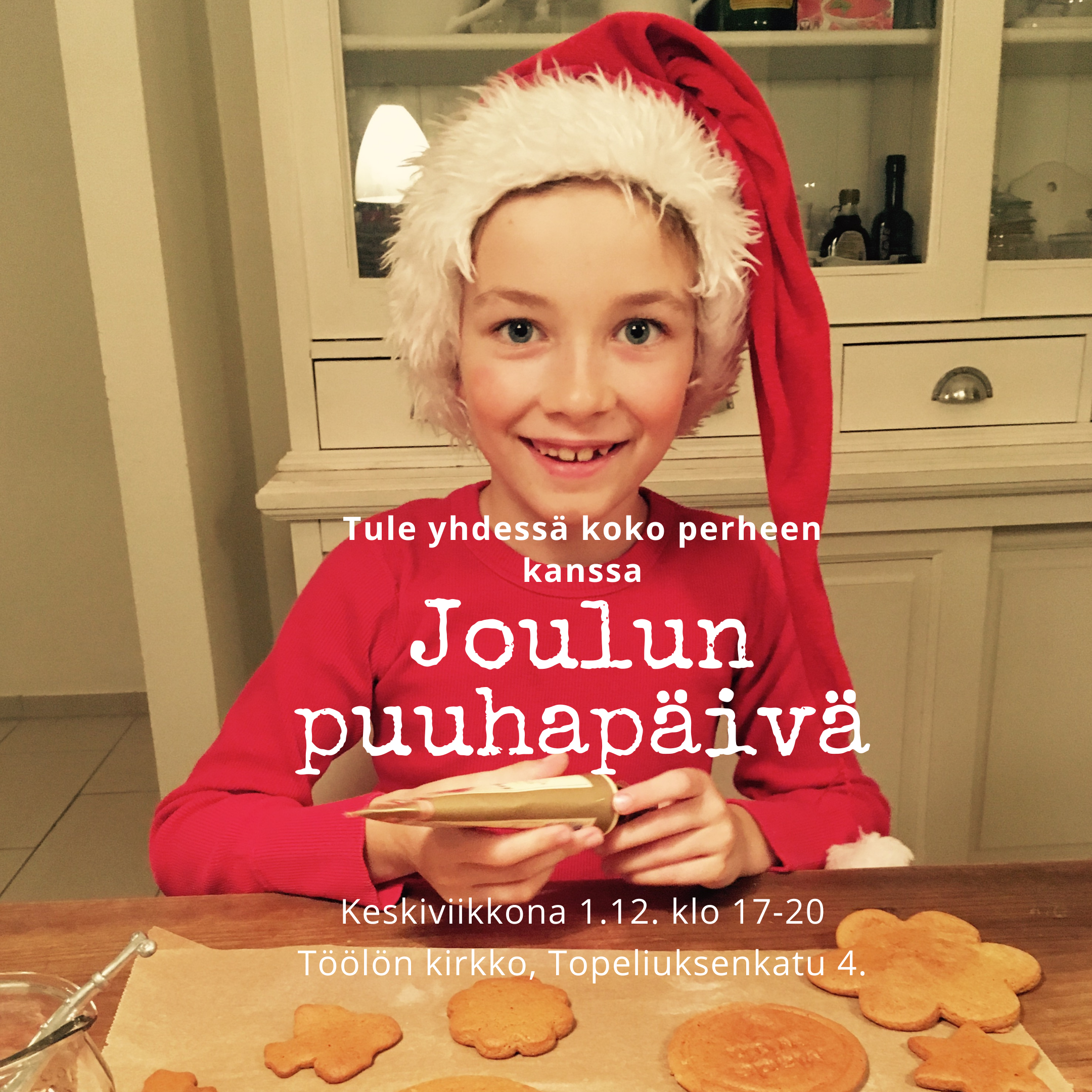 Joulun puuhapäivä Tonttu leipoo pipareita, tekstinä tule yhdessä perheen kanssa ke 1.12. klo 17-20 Töölön kirkko, Topeliuksenkatu 4