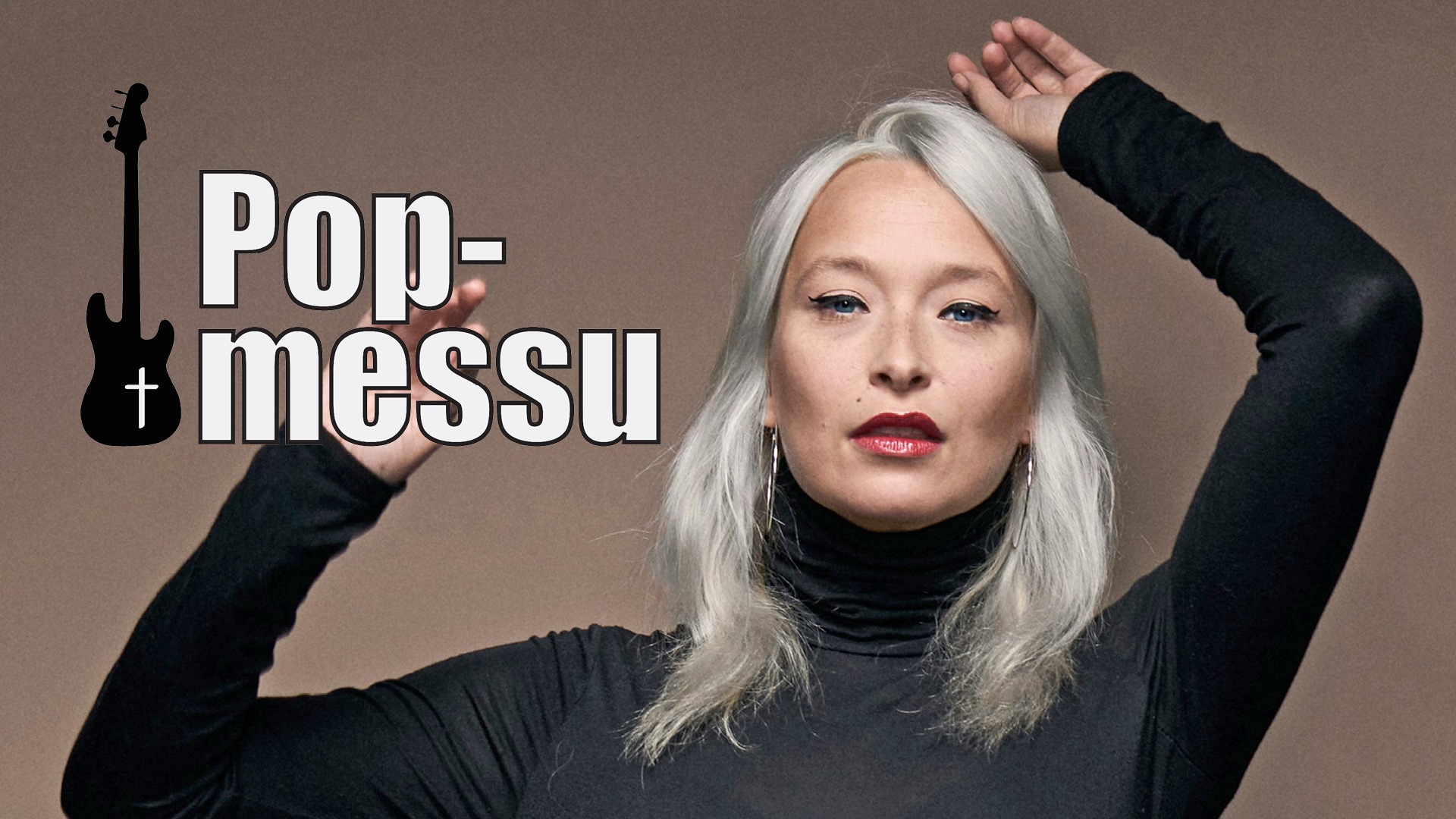 Pop-messu YouTubessa feat. Anna Inginmaa Ylävartalokuva Anna Inginmaasta, joka katsoo kameraan kädet kohottetuna. Vasemmalla teksti Pop-messu, ja kitarasymboli, jonka sisällä on risti.