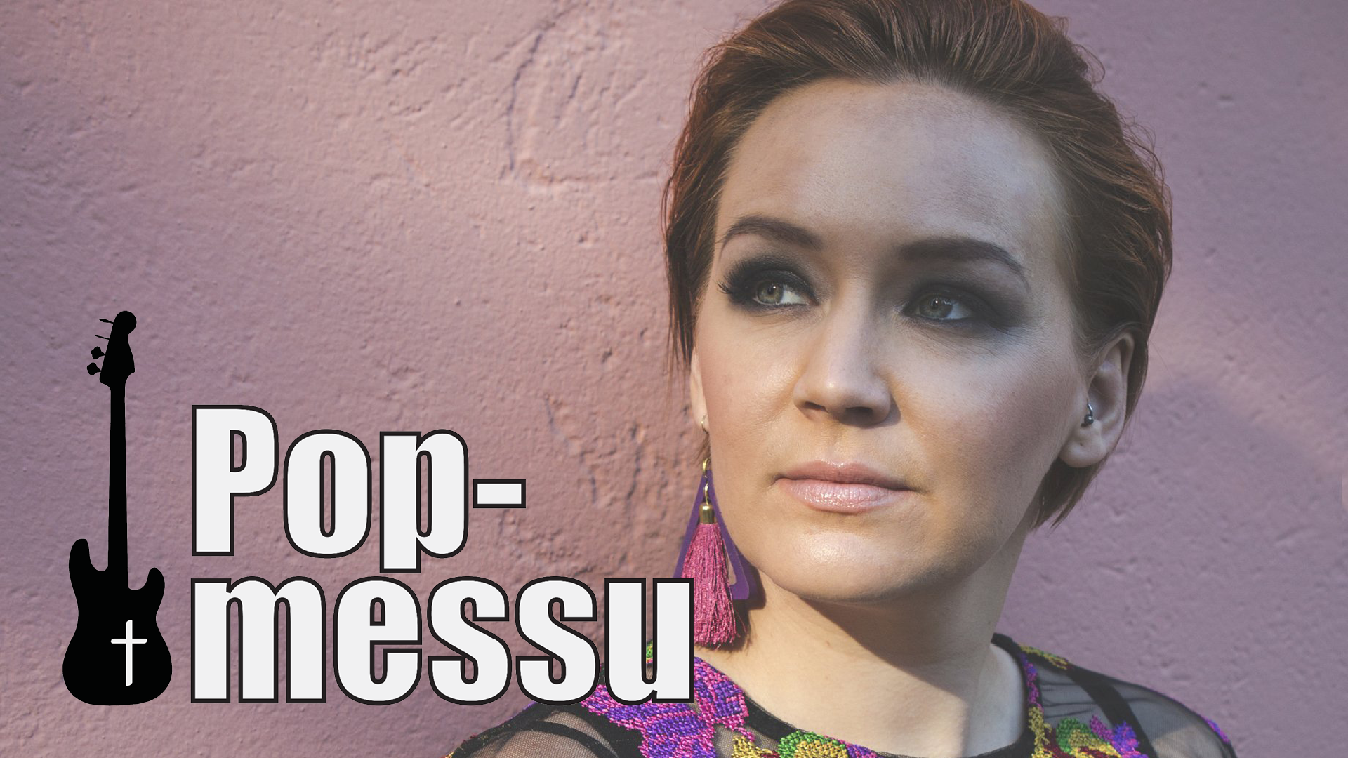Pop-messu feat. Vahtera Pop-messu-teksti, jonka vieressä on graafinen kuva sähkökitarasta, jossa on kuva rististä. Vahteran kasvot lilalla taustalla.