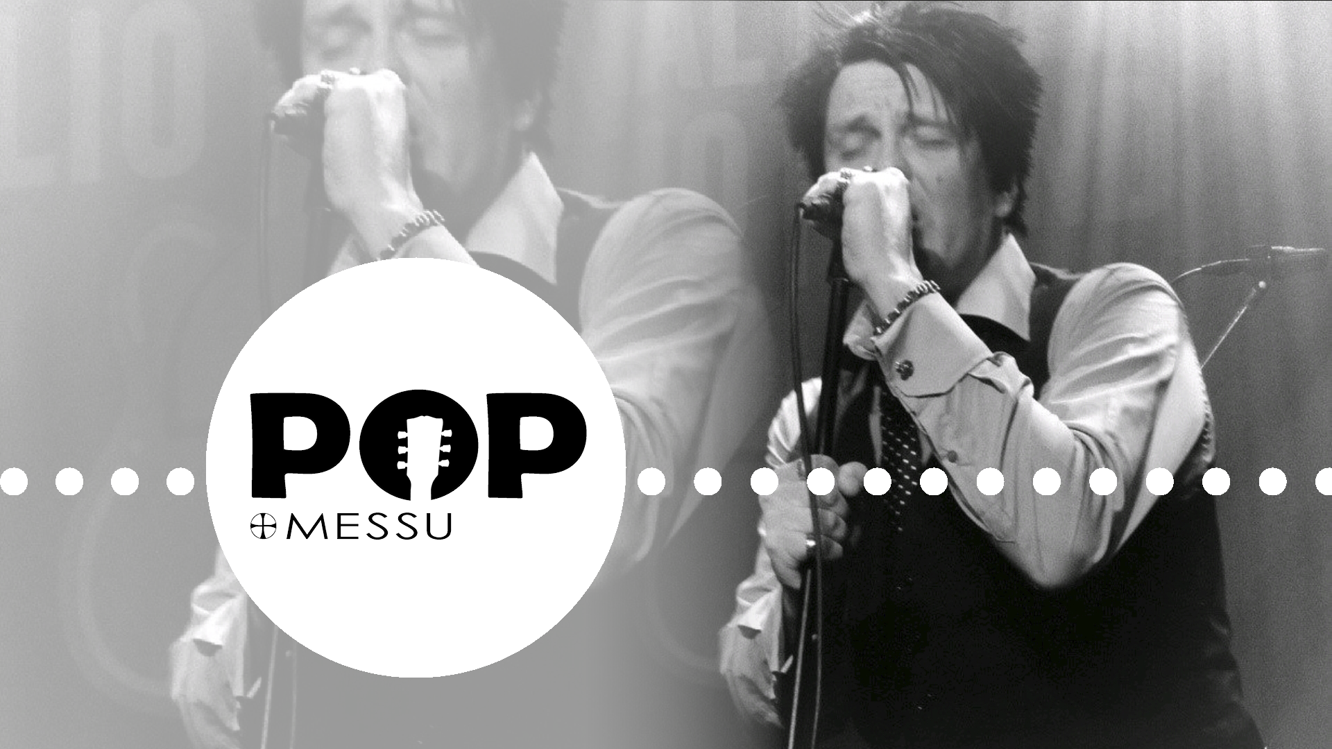 Pop-messun logo ja harmaasävykuva Patrik Erikssonista, joka laulaa mikrofoniin.