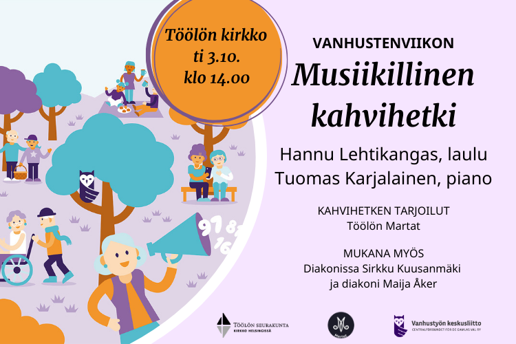 Vanhustenviikon grafiikkaa; ihmisiä piknikillä puistossa.