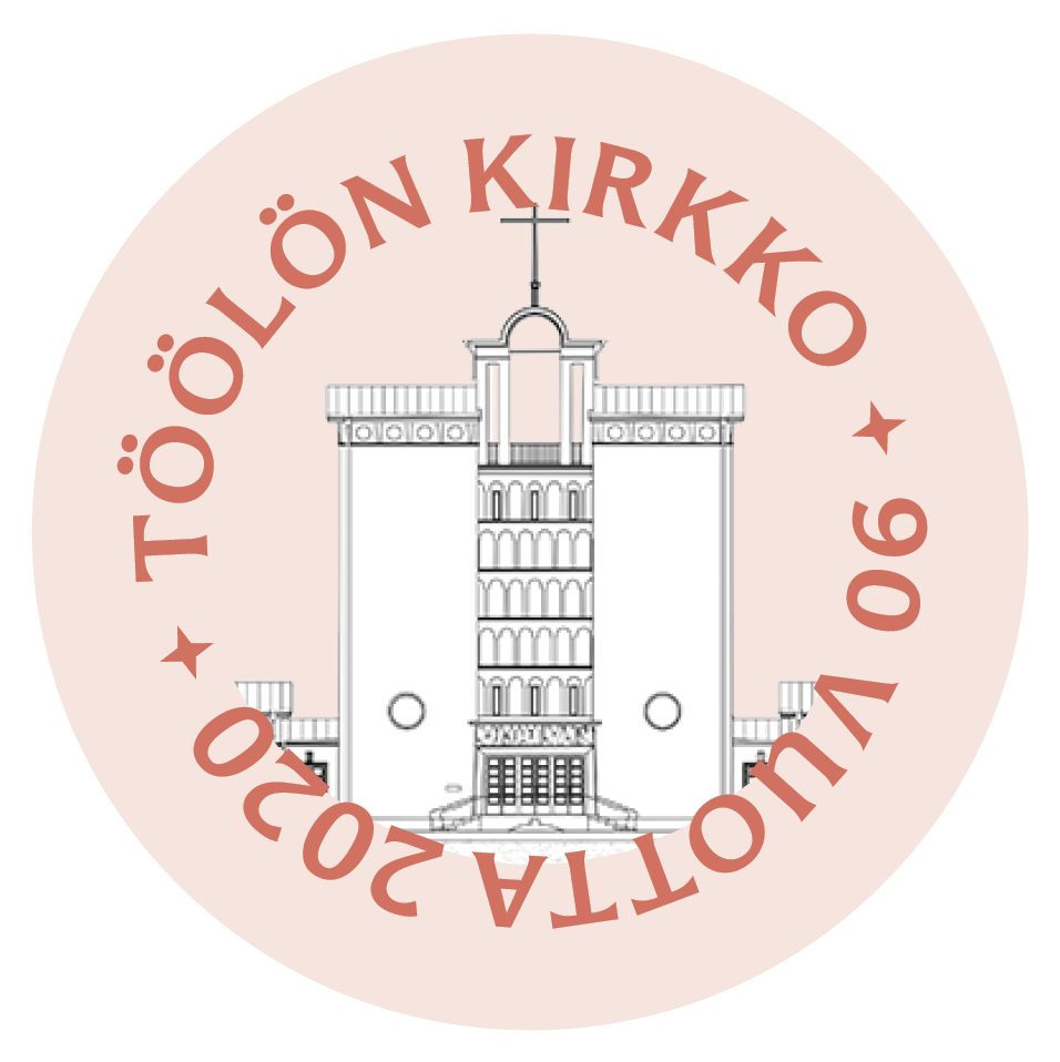 Nukketeatteri Ofelia esittää: Mörön unisukat Töölön kirkko 90 vuotta 2020. Logossa on vaaleanpunaisella pohjalla valkoinen piirroskuva Töölön kirkosta.