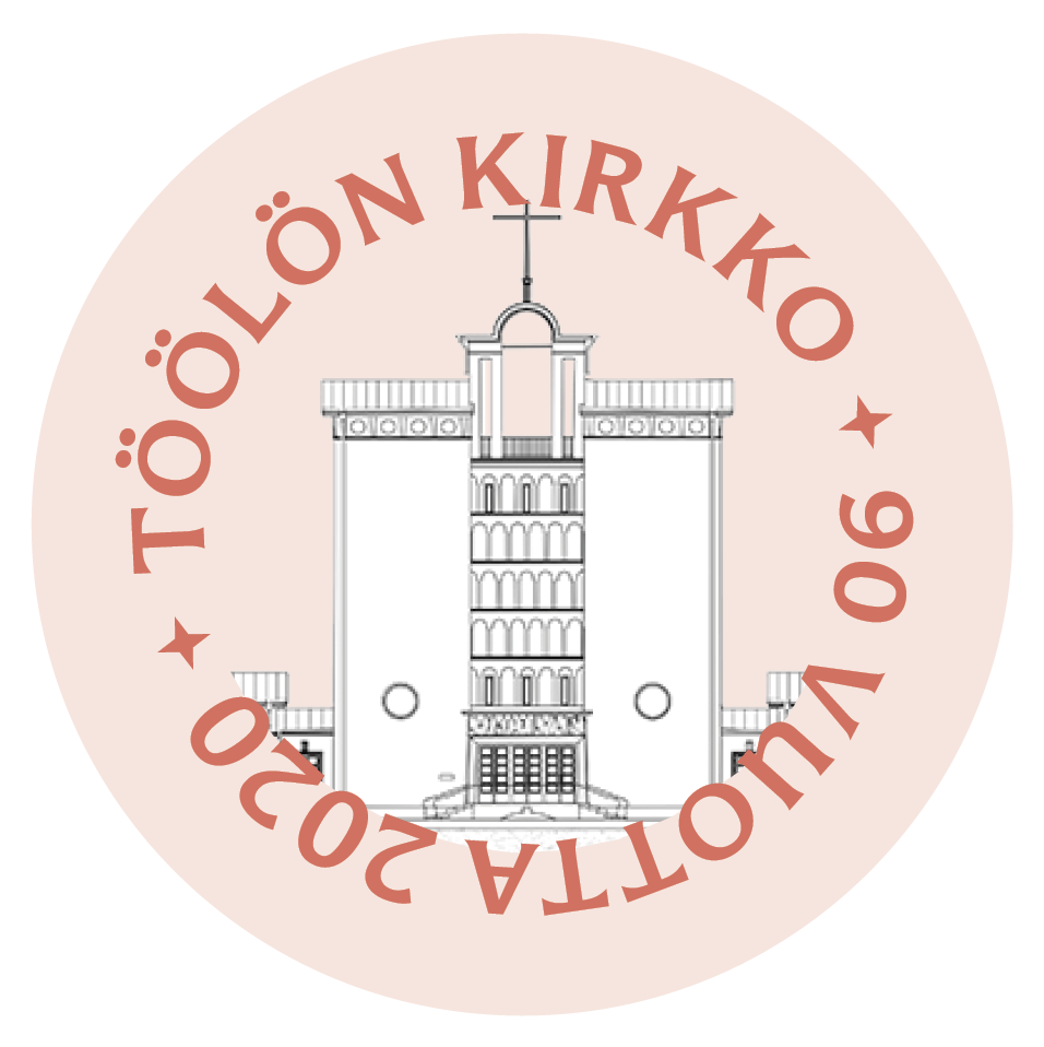 Töölön kirkko 90 vuotta 2020. Ympyränmuotoinen Töölön kirkon 90-vuotisjuhlavuoden logo, jossa on kuva piirretystä Töölön kirkosta.