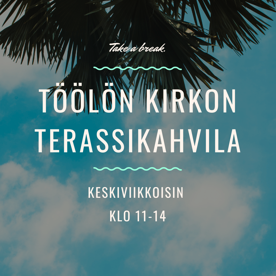 Töölön kirkon terassikahvila sinistä taivasta vasten piirtyy palmujen oksat. Töölön kirkon terassikahvila keskiviikkoisin klo 11-14.