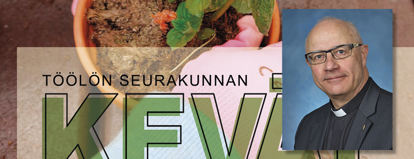 Töölön seurakunnan kirkkoherra Hannu Ronimuksen rintakuva. Taustalla näkyy seurakunnan kevätesitteen kuvitu...