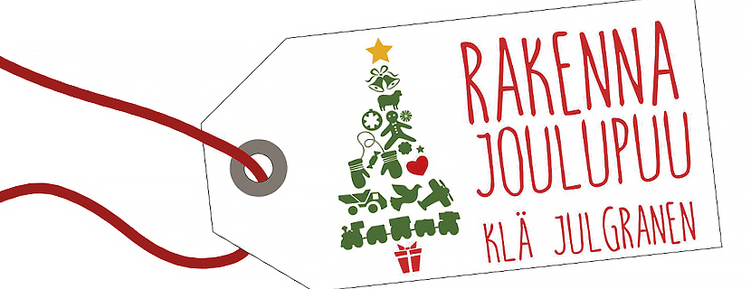 Graafinen piirroskuva punaisesta narusta roikkuvasta valkoisesta lapusta, jossa on Rakenna joulupuu -keräyk...