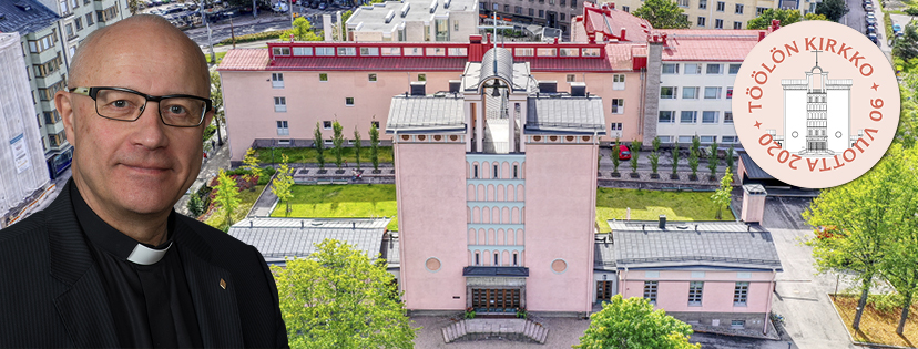 Rintakuva Töölön seurakunnan kirkkoherra Hannu Ronimuksesta. Taustalla näkyy ilmakuva Töölön kirkosta kesä...