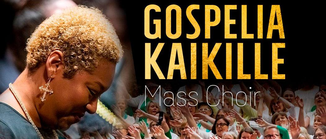 Gospelia kaikille Mass Choir. Mainoskuvassa näkyy siluettivalokuva naislaulajasta, ja taustalla näkyy laula...